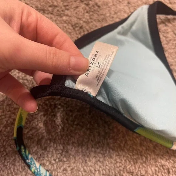 black bikini top with blue beaded flower design and jelly pendant - Picture 5 of 6